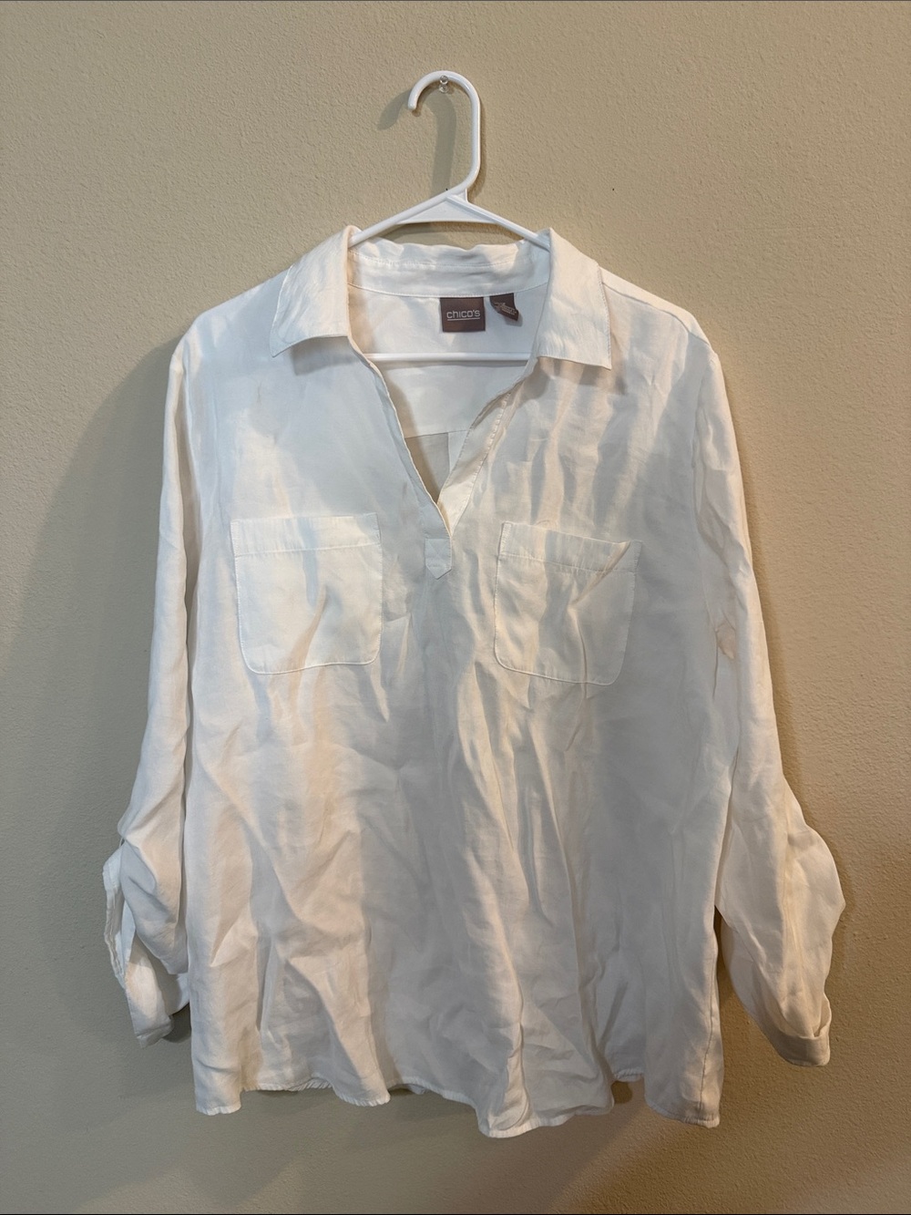 Chico's White Linen-Blend Pullover Button-Front Shirt